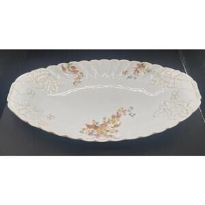 Antique German Floral Relief Porcelain Platter 16.75” Ivy Motif Gold Trim